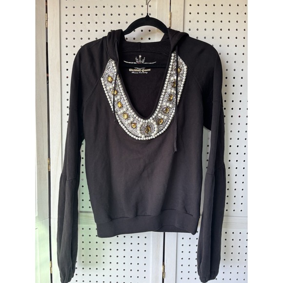 Twisted Heart Black Scoop Neck Hoodie Sweatshirt Pearl Jewels Long Sleeve Small - Picture 1 of 5